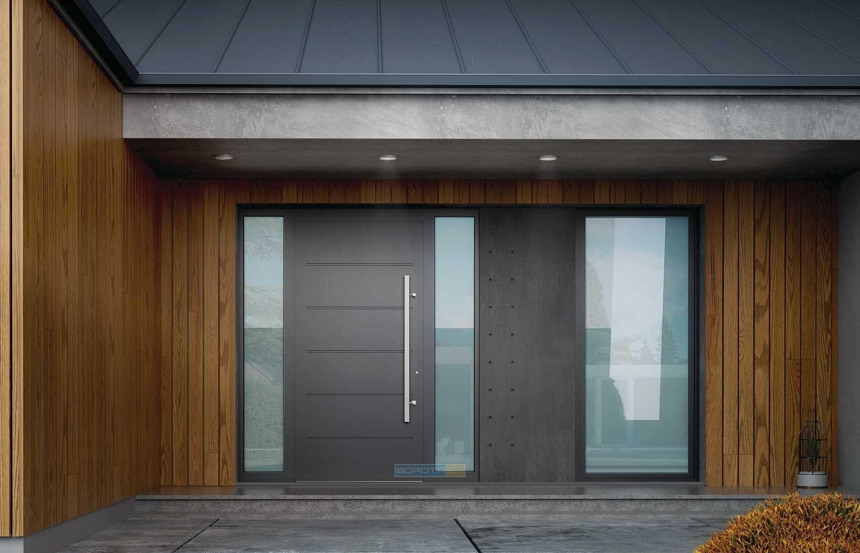 Красивые входные двери в современном дизайне в частный дом - купить наружные алюминиевые группы со стеклом и фрамугой
