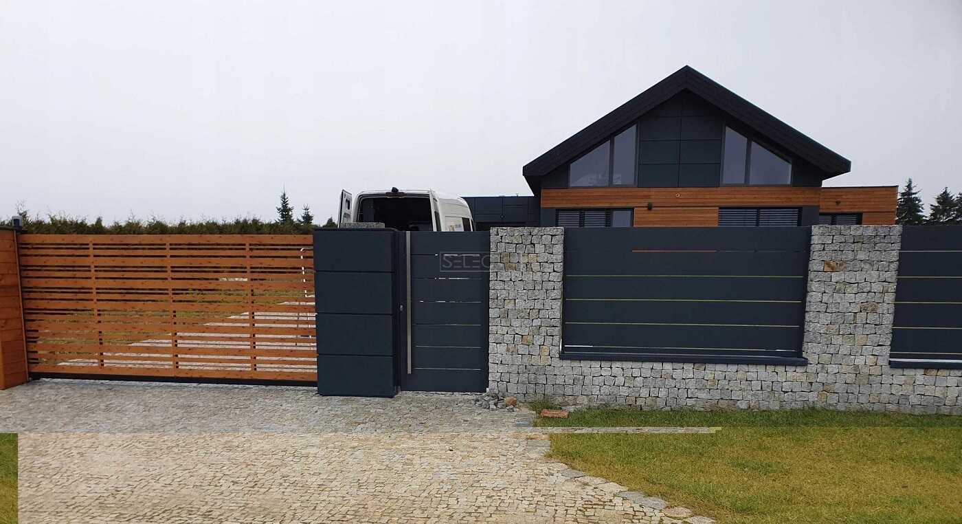 сучасний паркан і ворота відкатні для дому - металеві секції оцинковані від виробника SELECT серія WOOD LINE